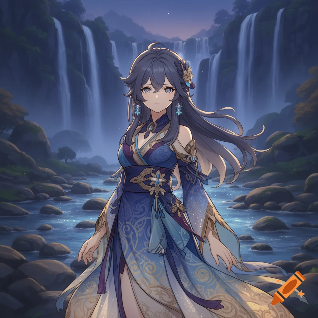 Anime woman with long dark hair and blue eyes, wearing an ornate blue and gold dress, stands in a river with waterfalls and mountains in the background at dusk.