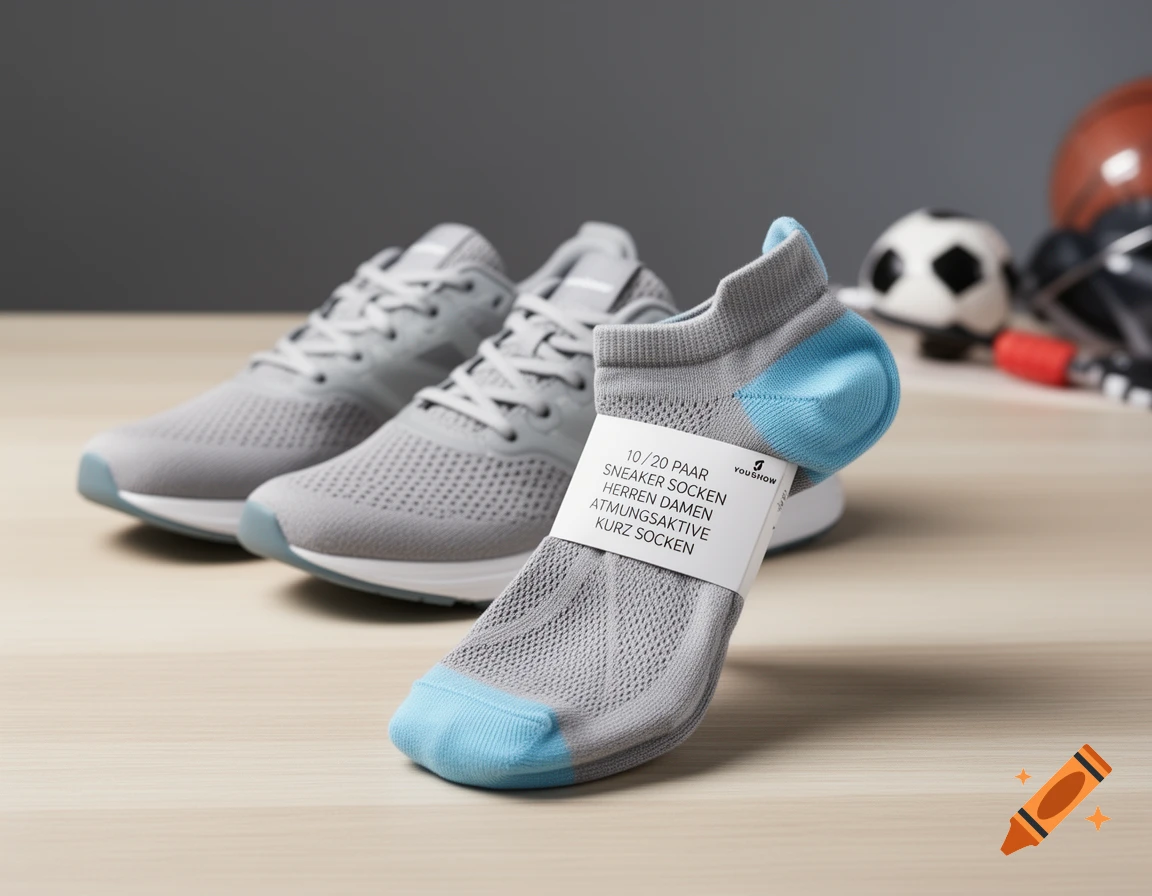 A pair of grey sneakers and one grey and blue sock with a product label, on a wooden surface with sports equipment in the background.