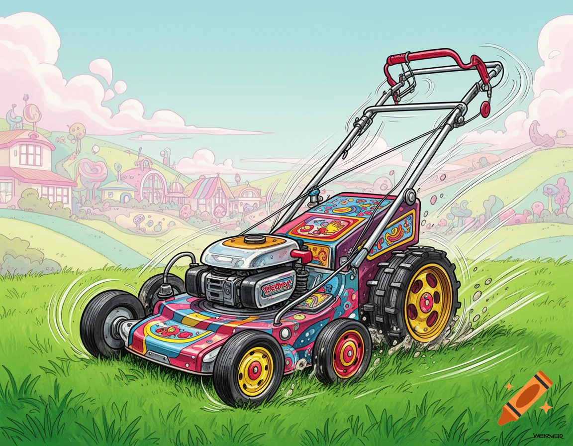 A colorful, cartoon-style lawnmower with multiple front axles cuts grass in a whimsical landscape with pastel houses.
