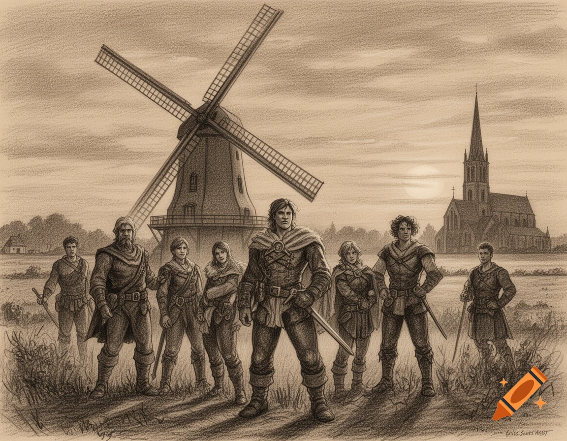 A sepia charcoal drawing depicts seven adventurers standing in a field before a large windmill and a distant church at sunset.