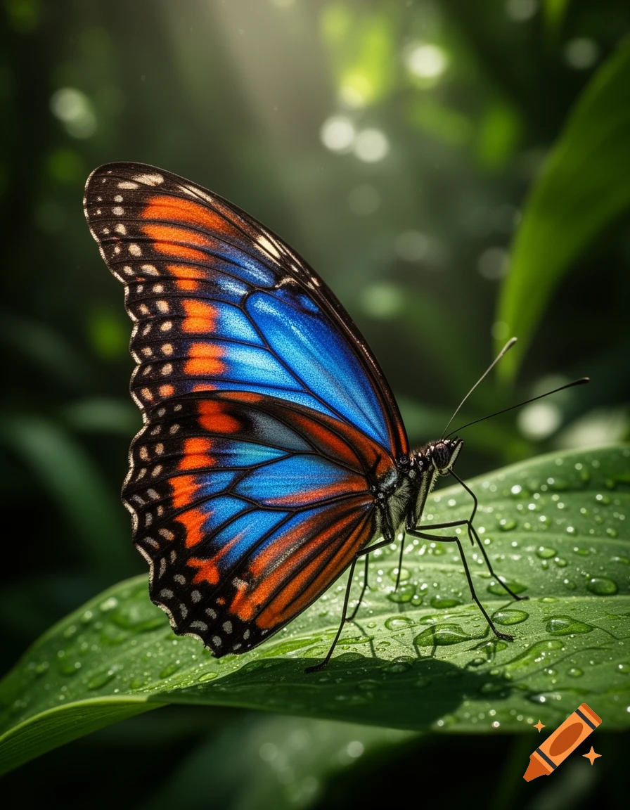 A vibrant blue and orange butterfly rests on a dew-covered green leaf, bathed in dappled sunlight.