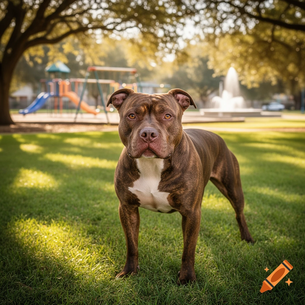 A muscular brown brindle Pitbull dog with a white chest stands in a sunny green park with a playground and fountain in the background.