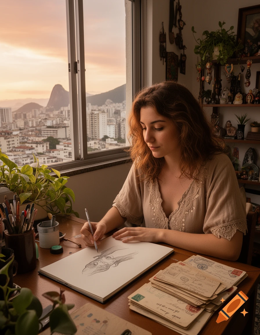 A woman draws in a sketchbook by a window overlooking the Rio de Janeiro cityscape at sunset, with old letters on the table.
