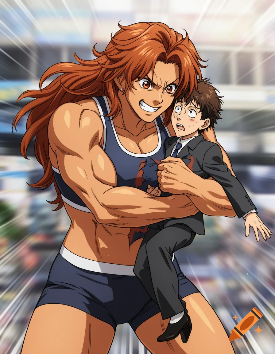 A muscular anime woman in athletic wear with long red hair tightly embraces a small, scared man in a suit.