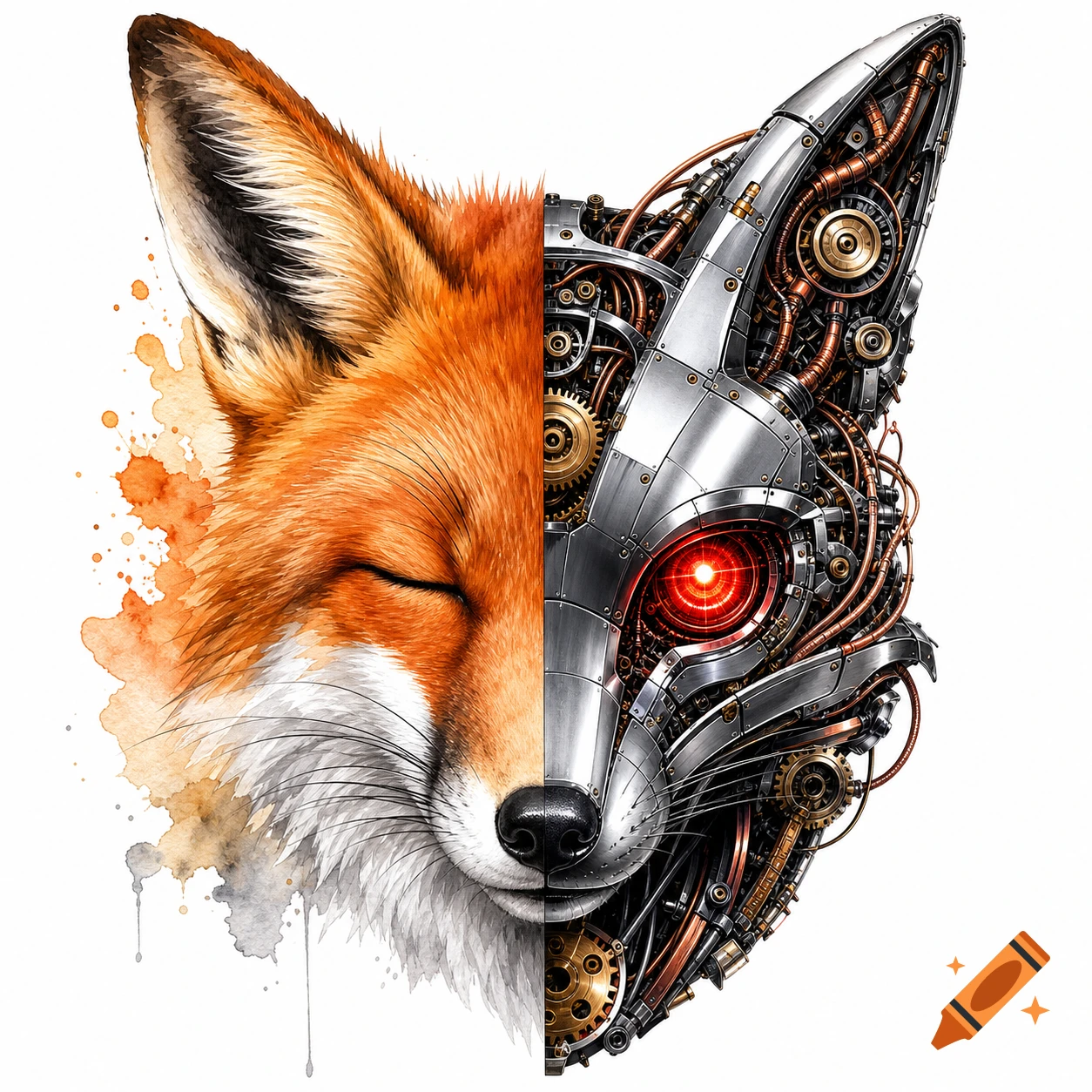 A fox's face split down the middle; the left half is a sleeping watercolor fox, the right is a detailed cyberpunk robot with a glowing red eye.