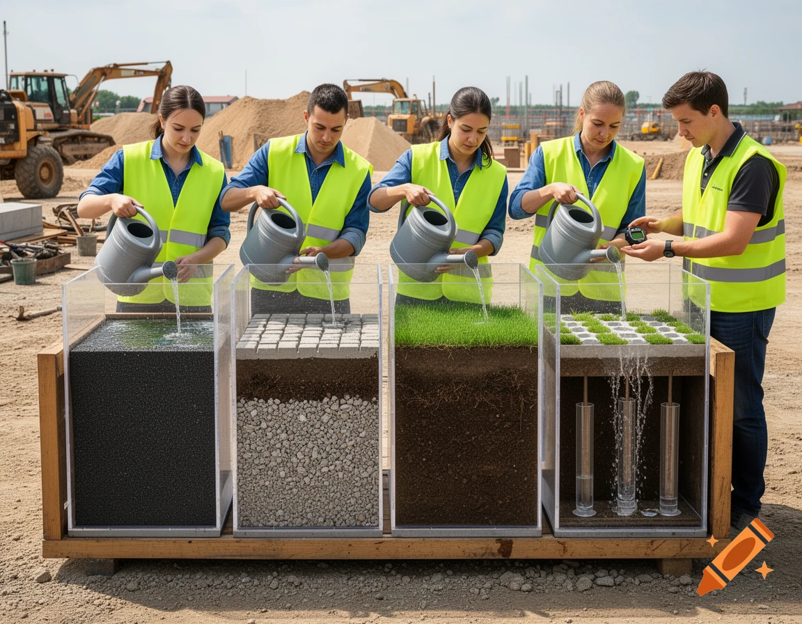 Five workers in safety vests demonstrate water infiltration with different ground materials in clear boxes at a construction site.