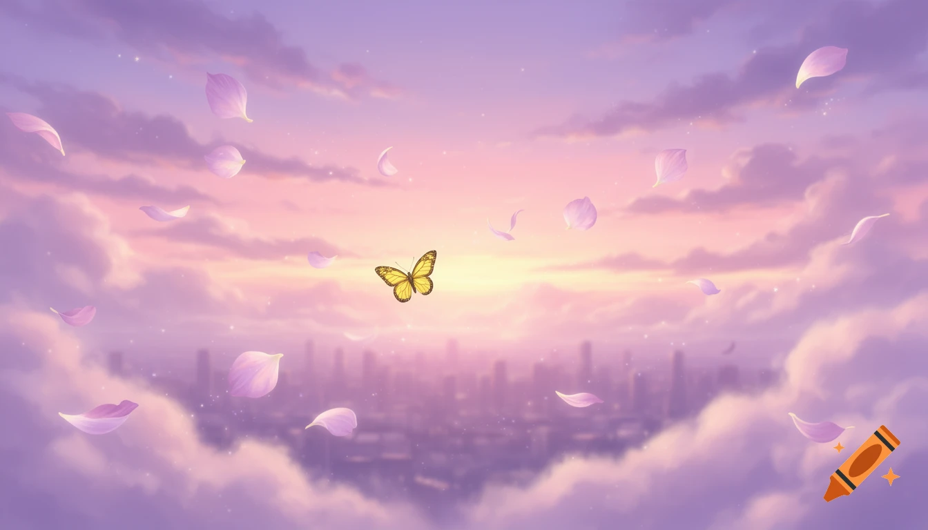 Anime landscape with a yellow butterfly and pink petals floating over a blurred city skyline at pastel pink and purple sunset.