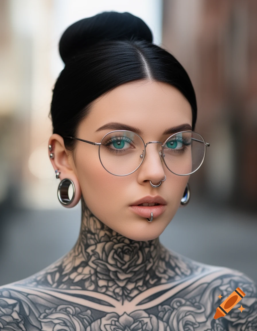 Close-up portrait of a woman with black hair in a bun, teal eyes, round glasses, ear tunnels, nose and lip rings, and intricate neck and chest tattoos.