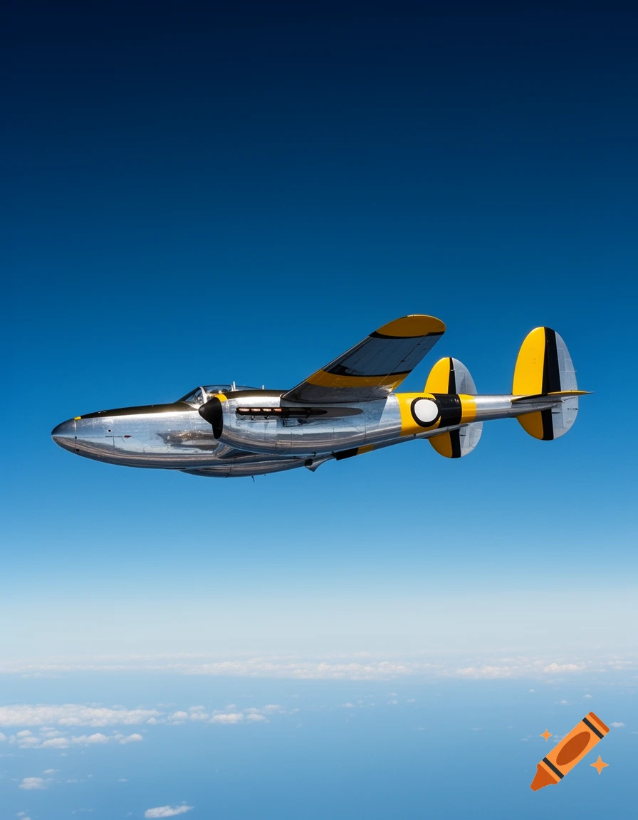 A sleek, silver and yellow twin-boom airplane (P-38) flies against a clear blue sky above a layer of clouds.