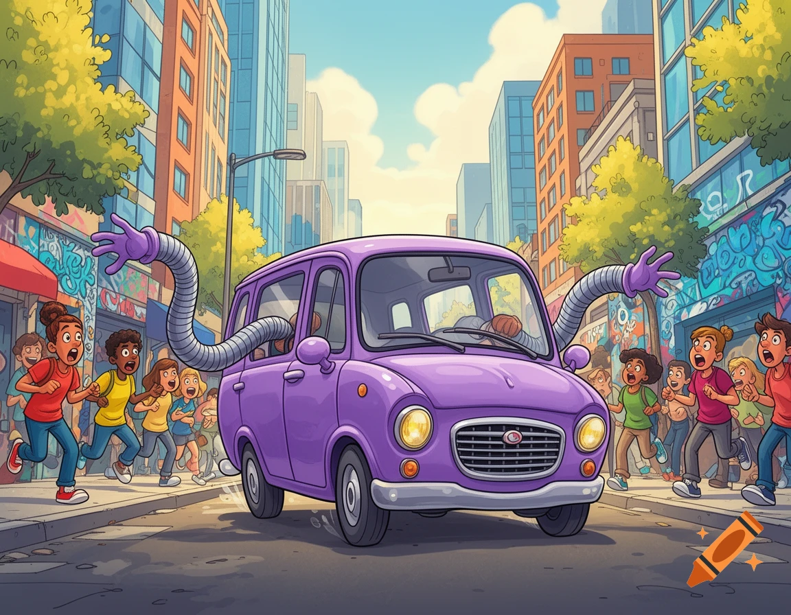A purple cartoon van with long, hose-like arms scares children running on a vibrant city street.