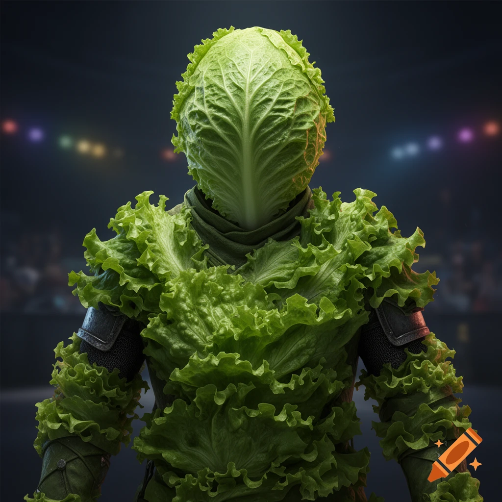 Photorealistic figure with a cabbage head and lettuce leaf armor stands in a blurred stadium.