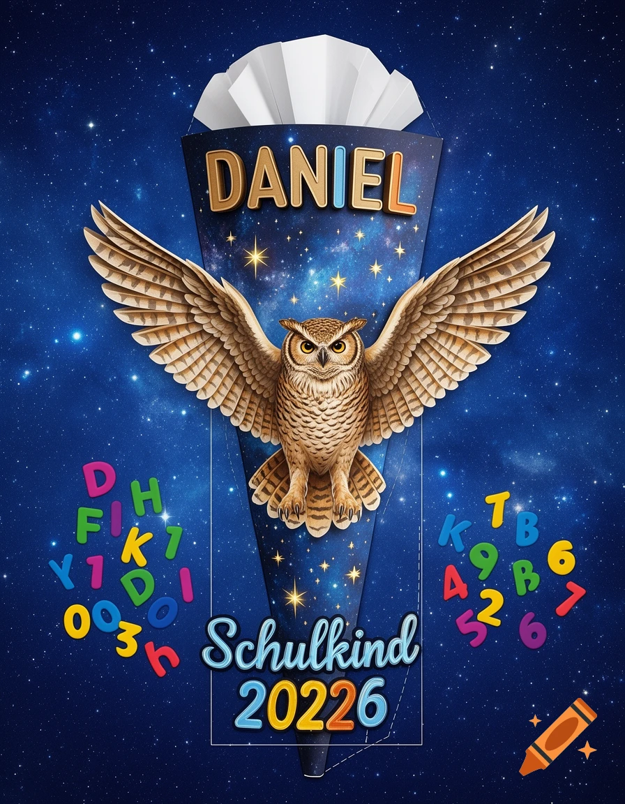 A blue school cone with an owl with outstretched wings, stars, and the text "DANIEL" and "Schulkind 20226". Scattered colorful letters and numbers are around the cone.