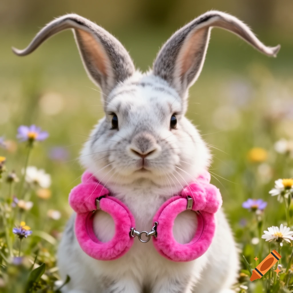 A light gray and white rabbit with long ears wears fuzzy pink handcuffs around its neck, sitting in a field of wildflowers.