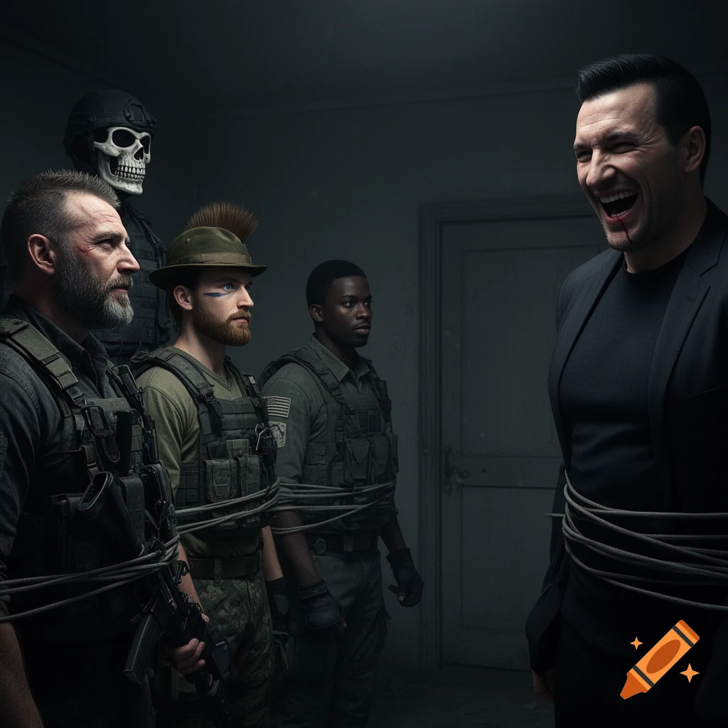 A man in a black suit laughs, blood on his lip, facing three military-clad men tied with ropes in a dark room. One wears a skull mask.