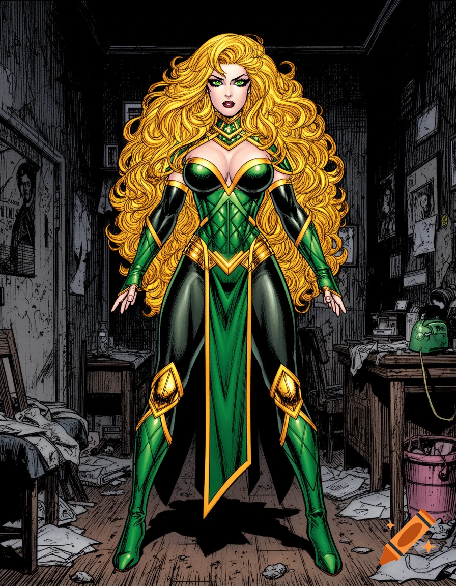 Amora the Enchantress with voluminous blonde hair and green costume stands in a dark, messy apartment, in 90s comic art style.
