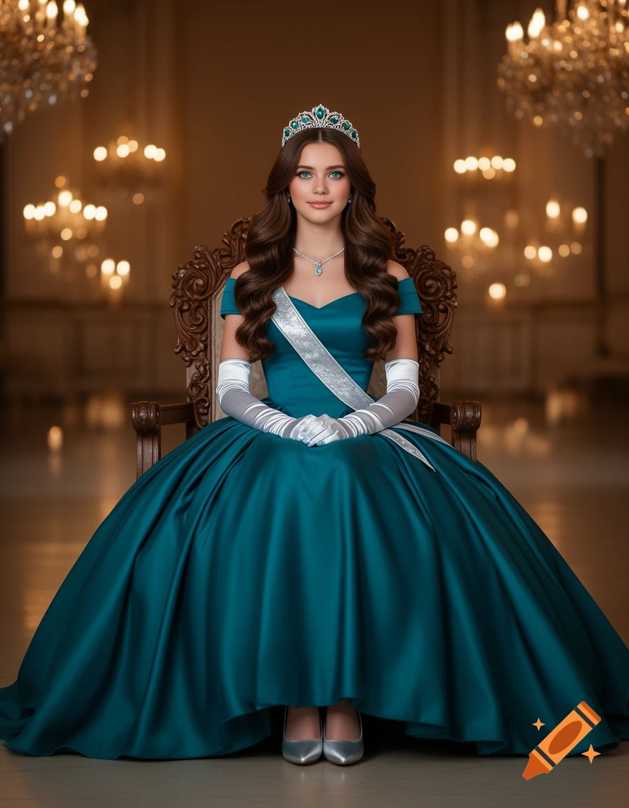 A beautiful princess with long brown hair, wearing a turquoise ball gown, silver tiara, and gloves, sitting in a grand chair in a ballroom.
