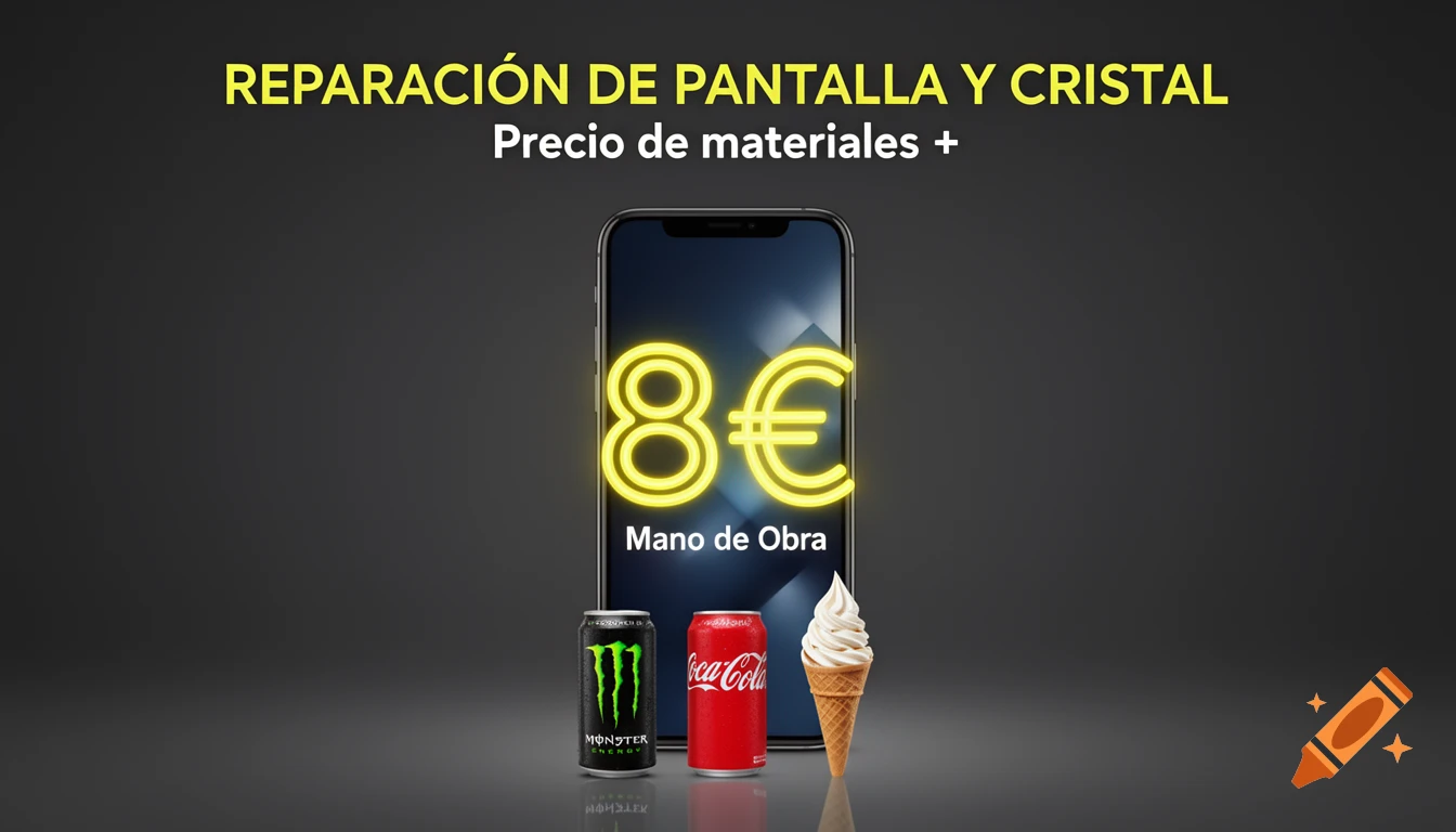 A smartphone repair service banner with a phone displaying "8€ Mano de Obra" on its screen, and text "REPARACIÓN DE PANTALLA Y CRISTAL Precio de materiales +" above. Below the phone are a Monster Energy can, a Coca-Cola can, and an ice cream cone.