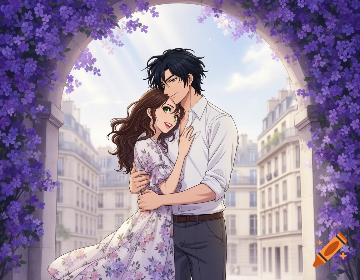 Anime style couple embracing under a purple wisteria arch, with Parisian buildings in the background.