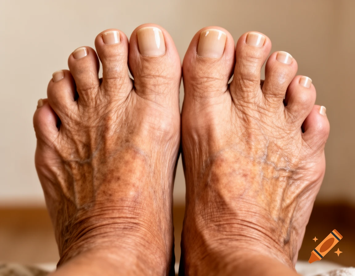 Close-up of a pair of elderly, wrinkled feet with well-maintained toenails, showing skin texture and veins.