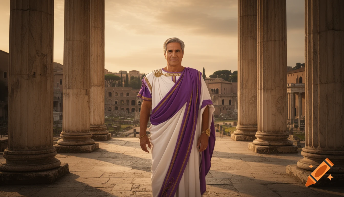 A man in a white and purple toga stands proudly among ancient Roman ruins and columns at sunset.