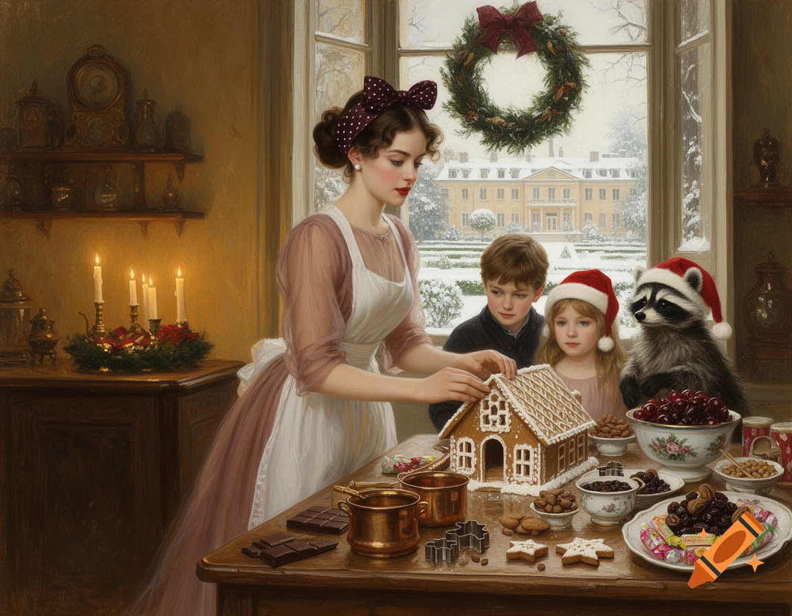A woman, two children, and a raccoon decorate a gingerbread house in a festive, snowy Victorian setting, painted in an oil style.