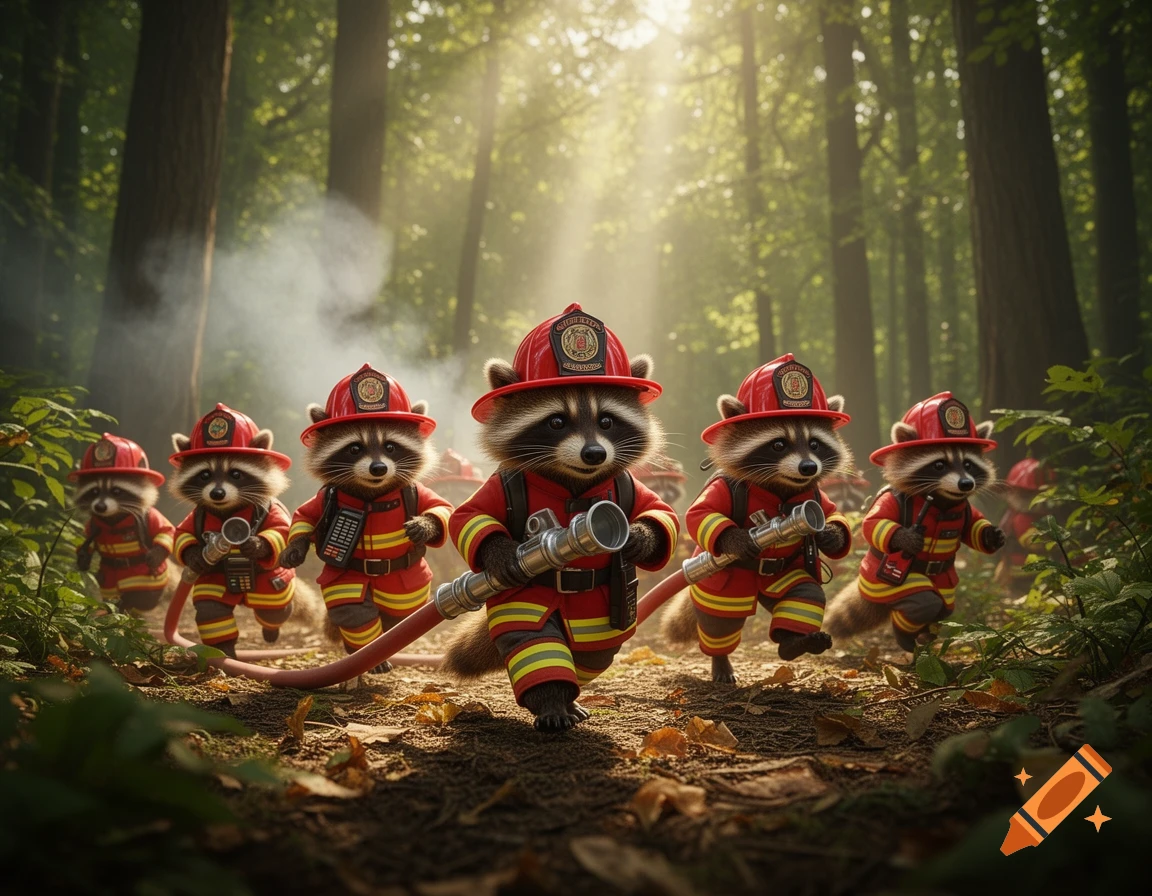 A line of cute raccoons in firefighter gear run through a sunny forest, one pulling a hose, with smoke behind them.
