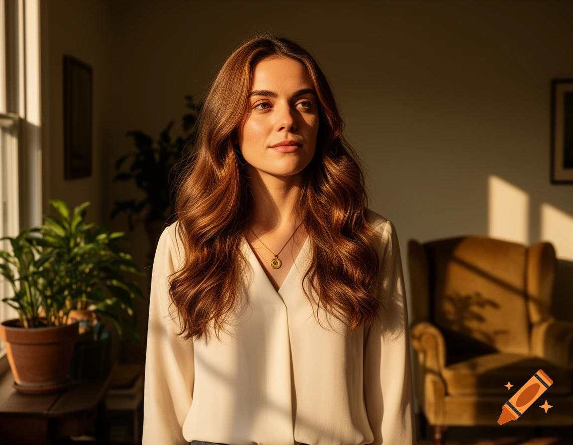 A young woman with long wavy brown hair and a white blouse stands in a sunlit room, looking to the right.