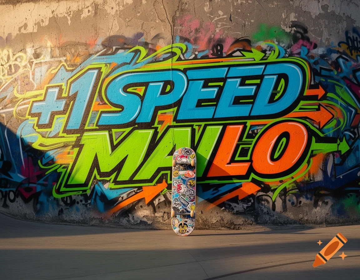 A skateboard stands upright against a concrete wall covered in vibrant graffiti art with the words "1 SPEED MALO" prominently displayed.