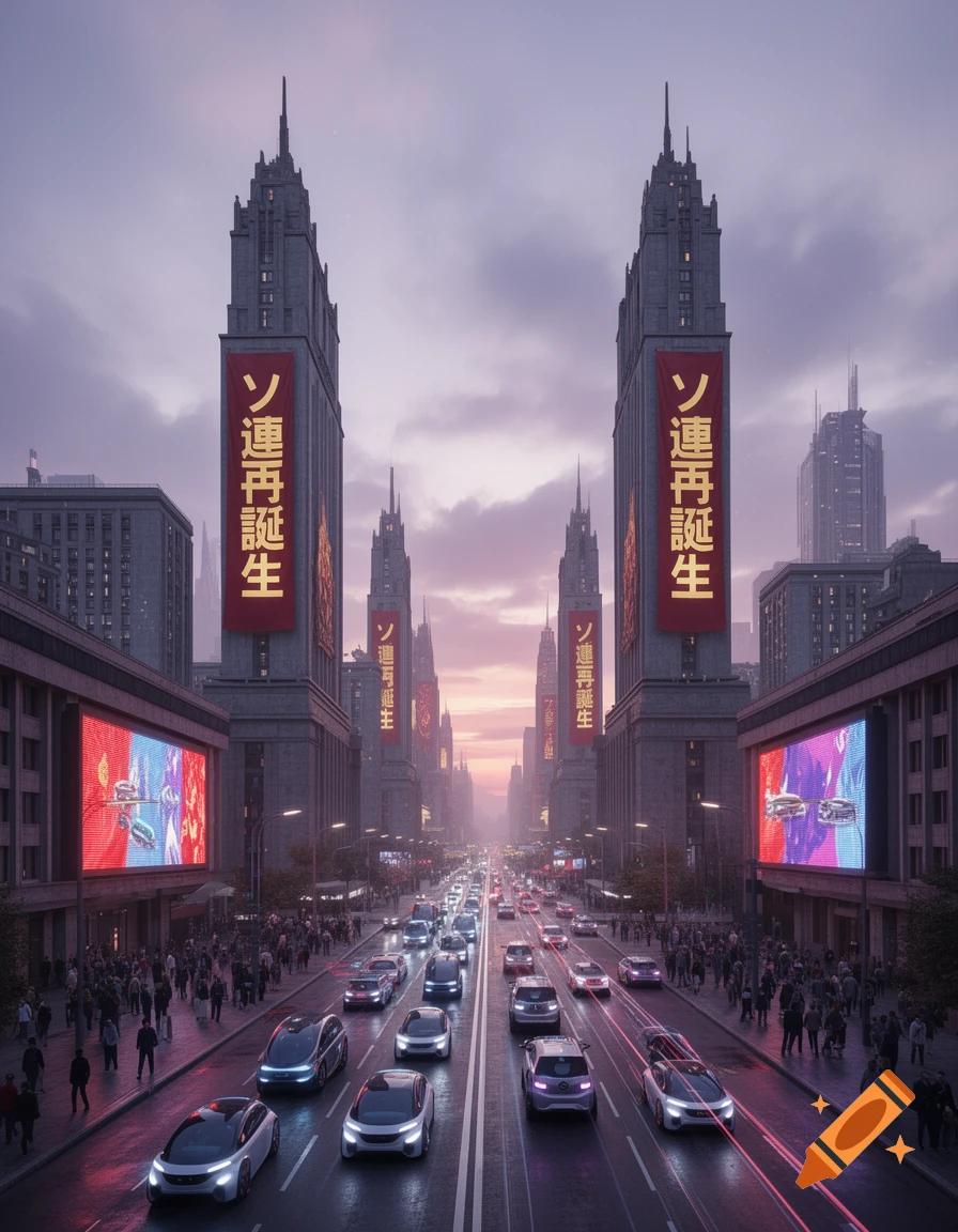 A wide street in a futuristic city with tall, imposing buildings, many cars, and crowds of people. Large banners on buildings display Japanese text.