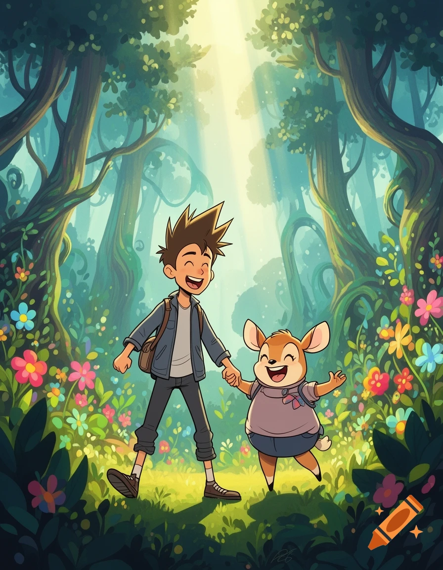 A smiling cartoon boy and a happy deer-like character hold hands, walking through a vibrant, sun-dappled forest with colorful flowers.
