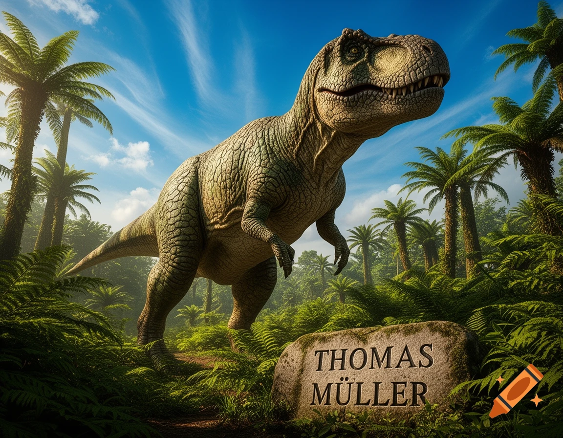 A large, realistic T-Rex stands in a lush prehistoric jungle with palm trees and ferns, beside a stone carved with "THOMAS MÜLLER".