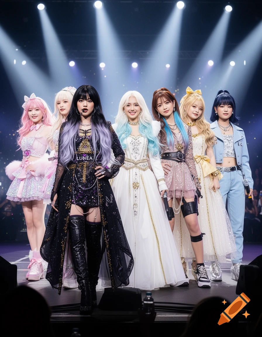 Six female performers in elaborate, colorful stage costumes stand under bright spotlights on a dark stage.