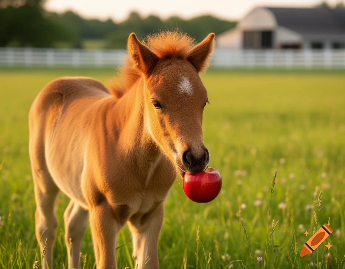 A photorealistic baby horse with a red apple in its mouth stands in a sunny green field.