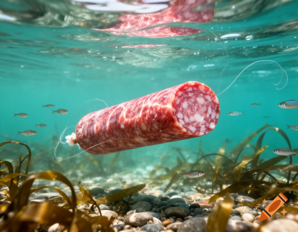 A large, sliced salami floats underwater in a clear ocean with small fish and seaweed on the rocky seabed.