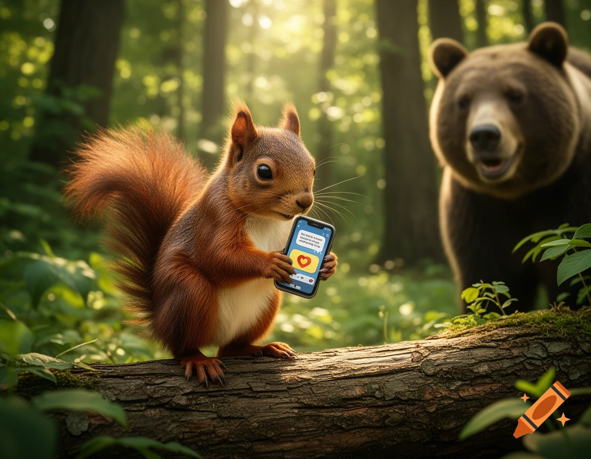 A cute squirrel holds a phone with a text message and a heart emoji, a smiling bear is in the blurred background of a sunlit forest.