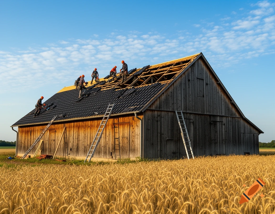 Workers re-roofing a large wooden barn in a golden wheat field under a clear blue sky.