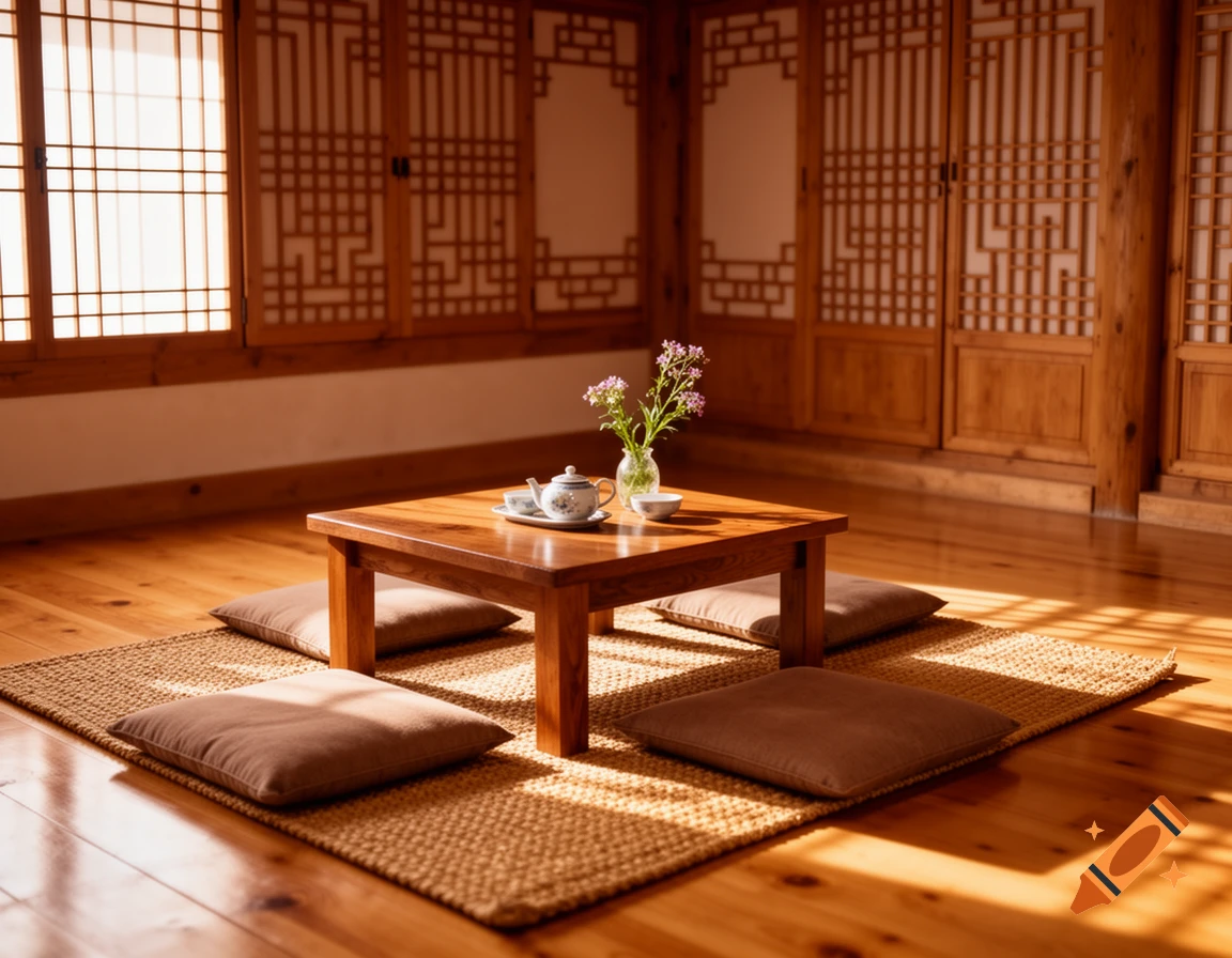 A sunlit traditional Korean room with a low wooden table, floor cushions on straw mats, a teapot, and flowers.