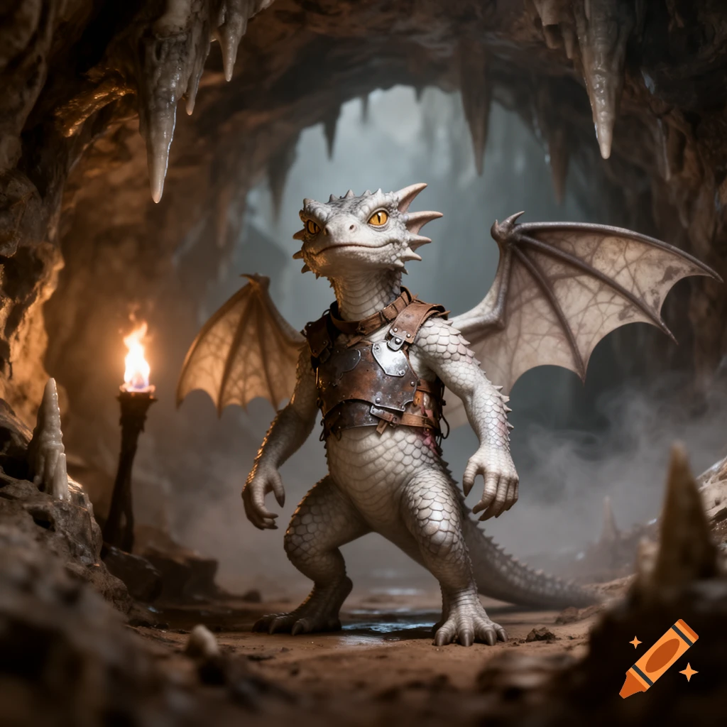 A white-scaled D&D kobold in leather armor stands in a dark cave illuminated by a torch, with stalactites overhead.
