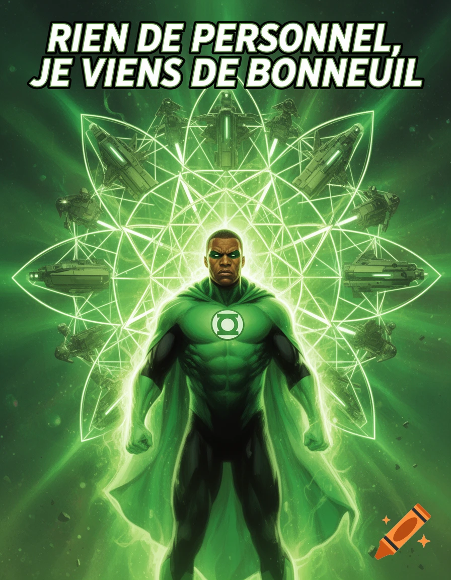 A comic book cover of Green Lantern John Stewart, looking determined amidst a green energy aura and light constructs. Text: 'Rien de Personnel, je viens de Bonneuil'.