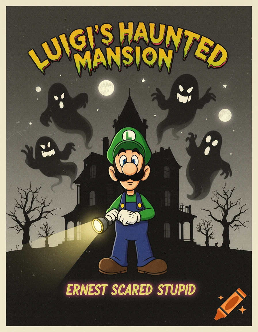 Luigi holds a flashlight in front of a haunted mansion with ghosts, stylized as a movie poster titled 'Luigi's Haunted Mansion Ernest Scared Stupid'.