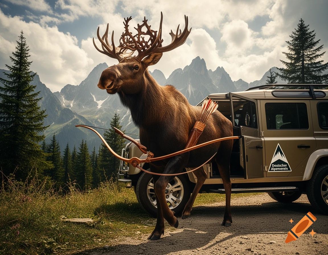 A majestic moose with elaborate antlers and a bow and arrow stands beside a brown SUV with "Deutscher Alpenverein" logo in a rugged mountain landscape.