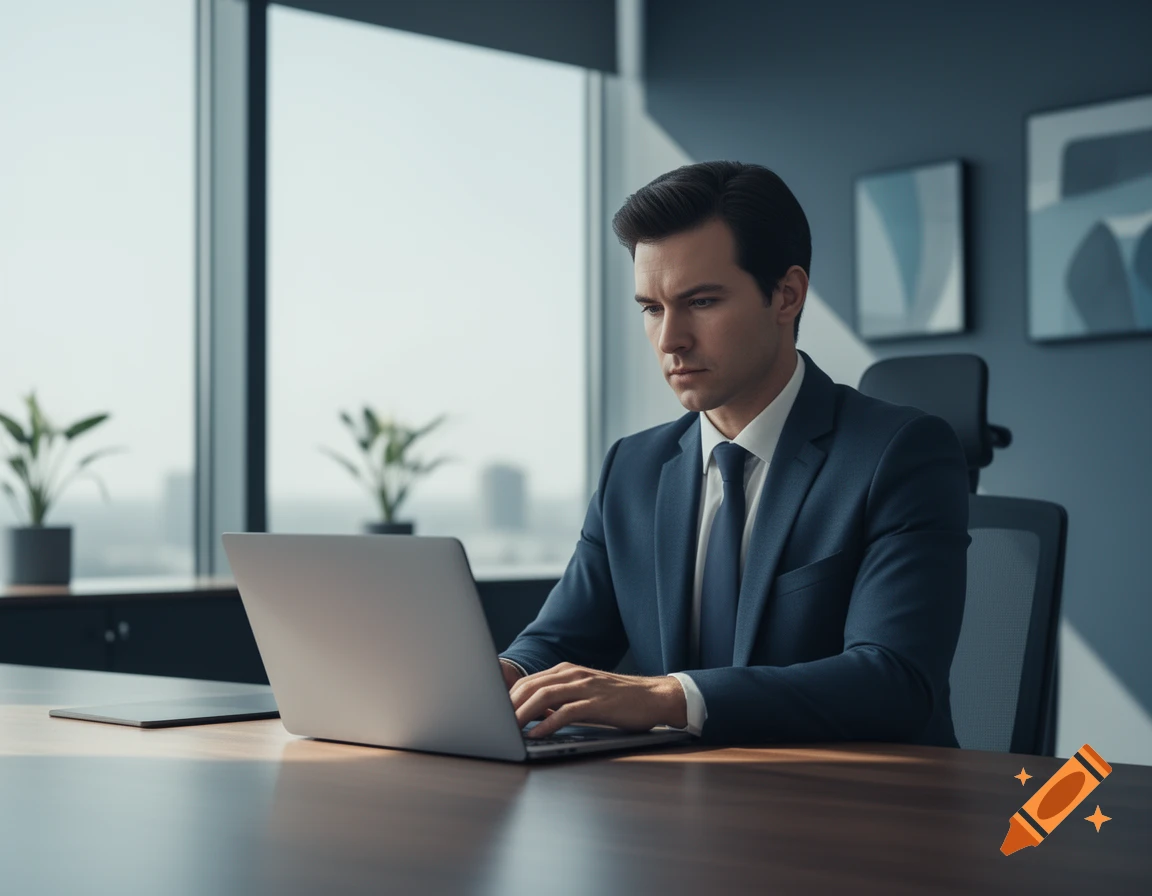 A man in a suit working on a laptop at a desk in a modern office with large windows.