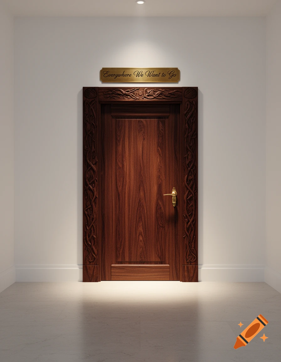 Photorealistic image of a dark wooden door with an ornate frame in a simple white hallway, a golden sign above reads "Everywhere We Want to Go".