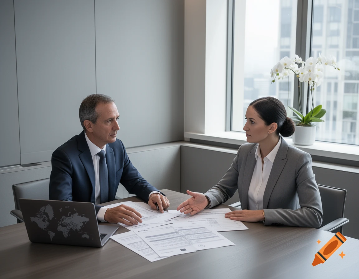 A man and woman in business attire discuss papers at a conference table in a modern office with a city view.