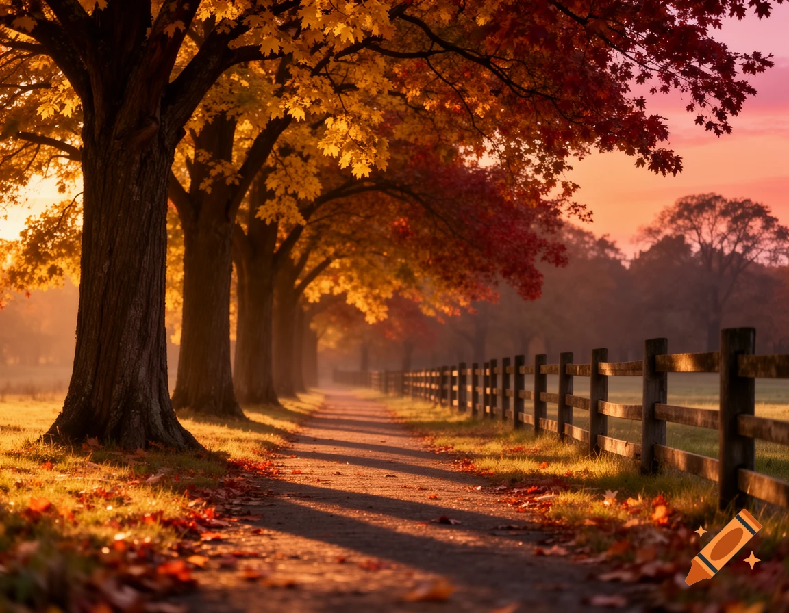 Photorealistic autumn landscape with a path lined by trees with yellow and red leaves, a wooden fence, and a warm sunset sky.