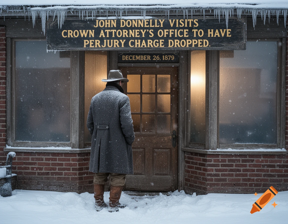 A man in a winter coat and hat stands with his back to the viewer, facing a brick building with a sign on a snowy day. Photorealistic.
