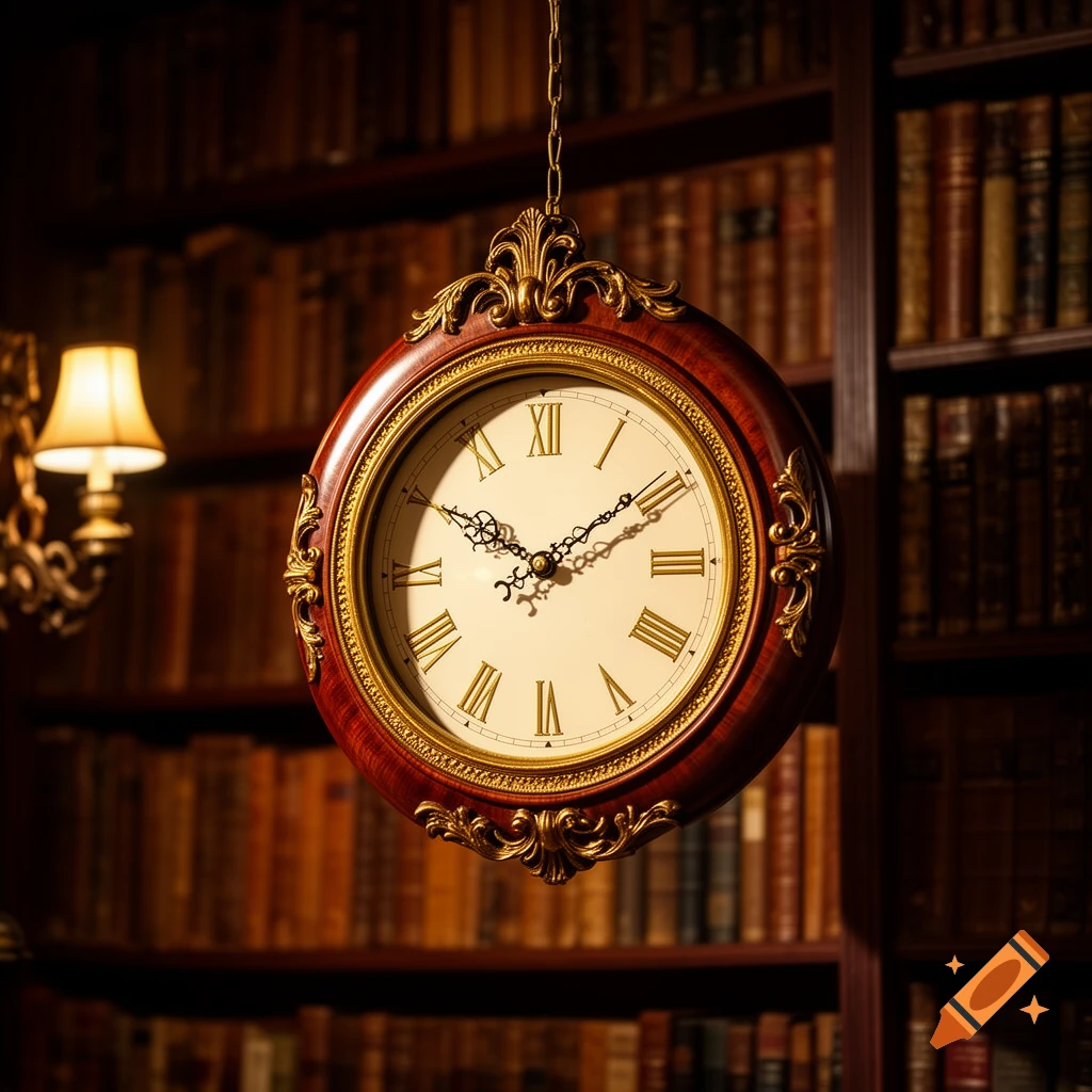 A vintage ornate wooden and gold clock hangs in a dimly lit library, with shelves of old books and a glowing lamp in the background.