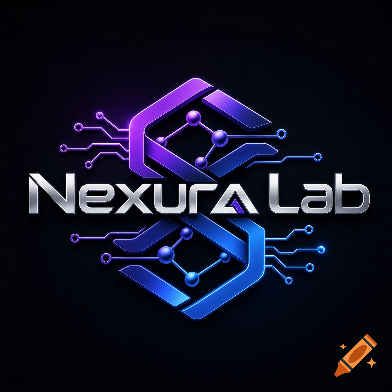 Metallic Nexura Lab logo with glowing purple and blue circuit board and data-like elements on a dark background.