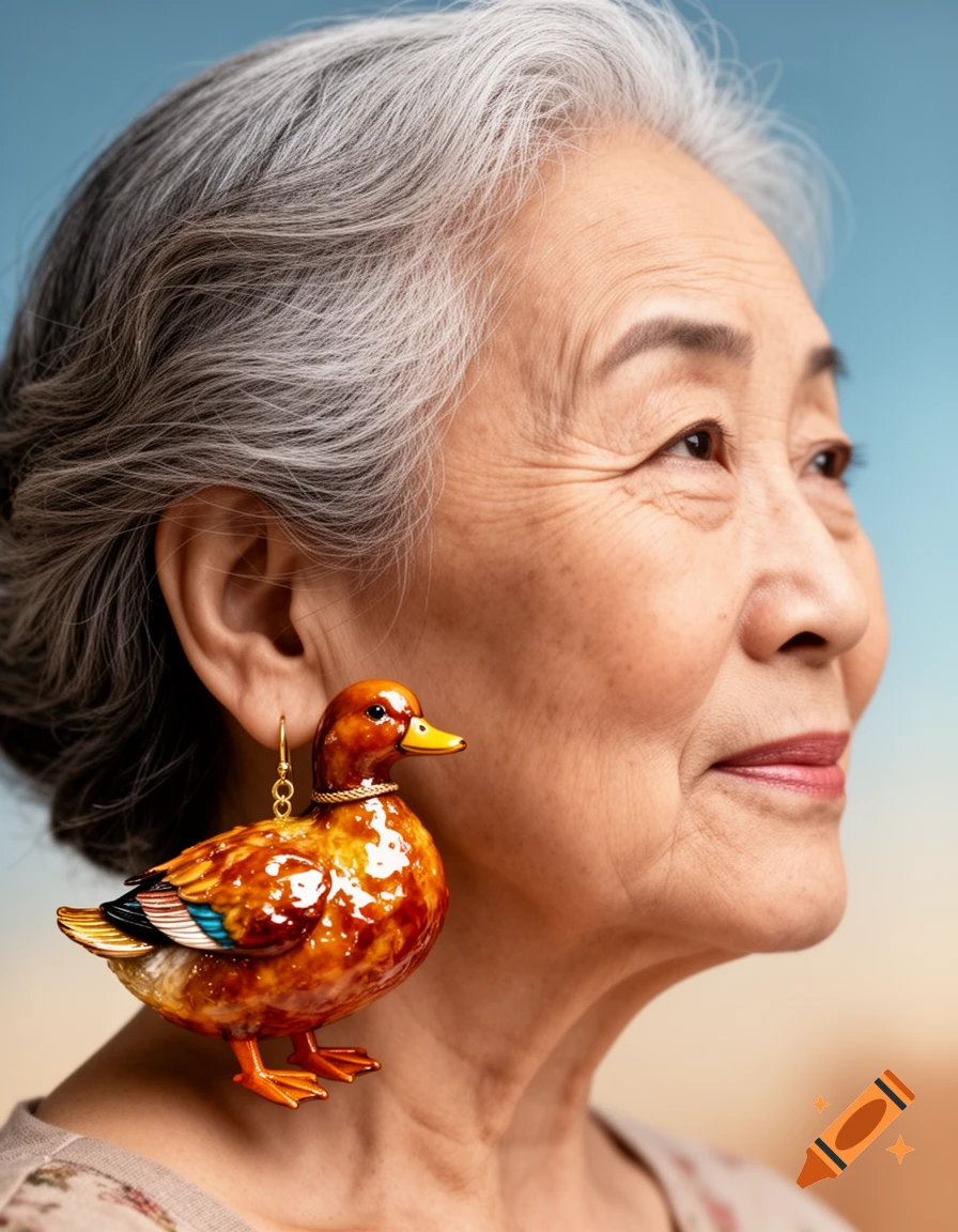 Side profile of an elderly Asian woman with a large, glossy miniature duck earring.