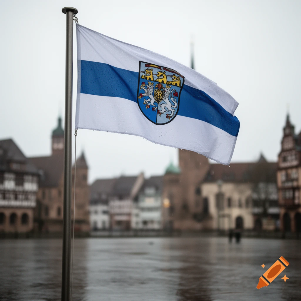 Ravensburg city flag, white with a blue stripe and coat of arms, flies on a pole over a river with blurred historic buildings.